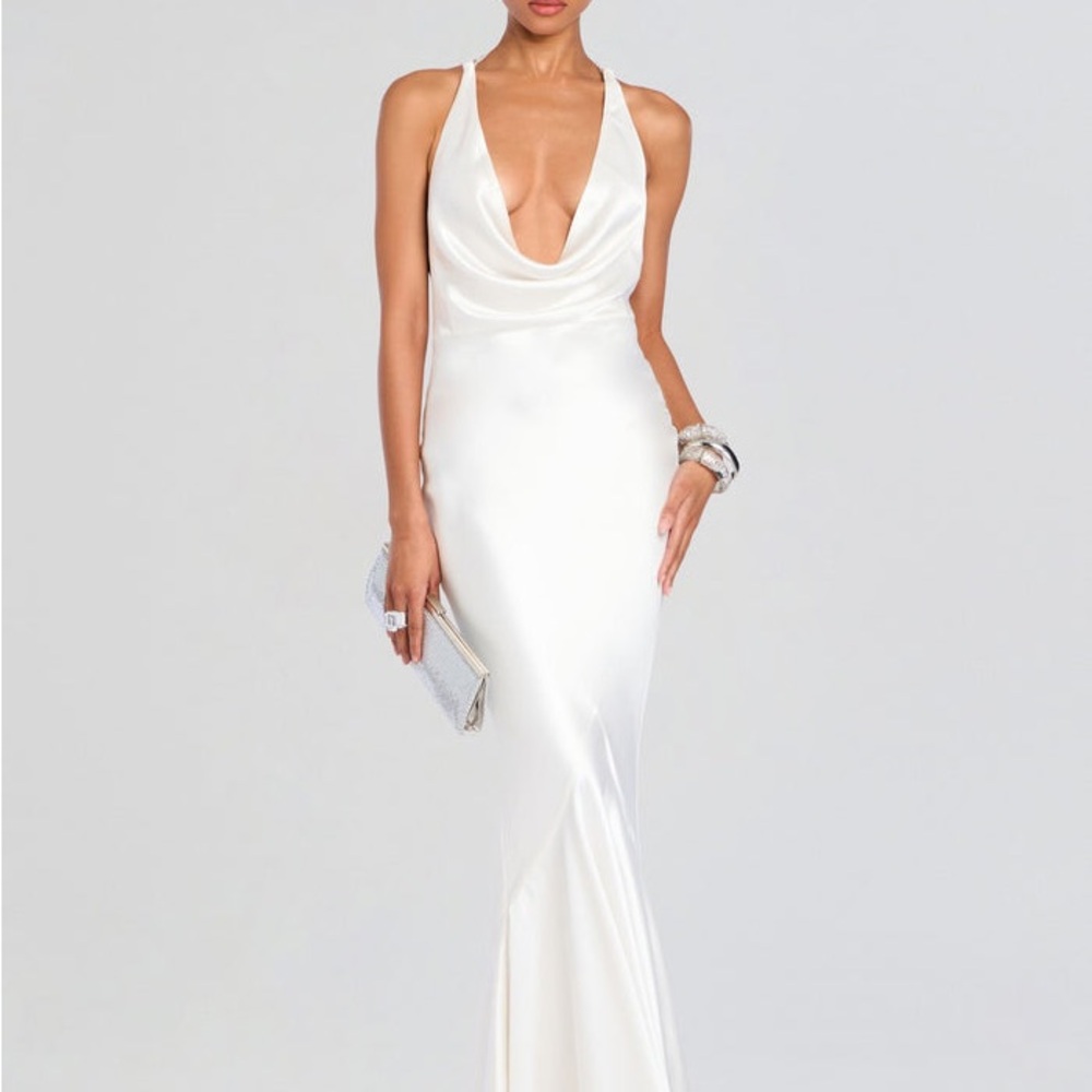 Retrofete Elegant White Satin Halter Backless Dress - Picture 3 of 7